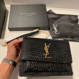 YSL/Saint Laurent “Sunset small croc-effect patent-leather shoulder bag”